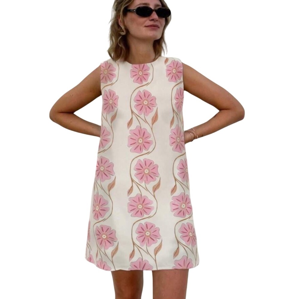 Commense Floral Print Mini Dress Sleeveless Casual Pink White Floral Size S‎ NWT